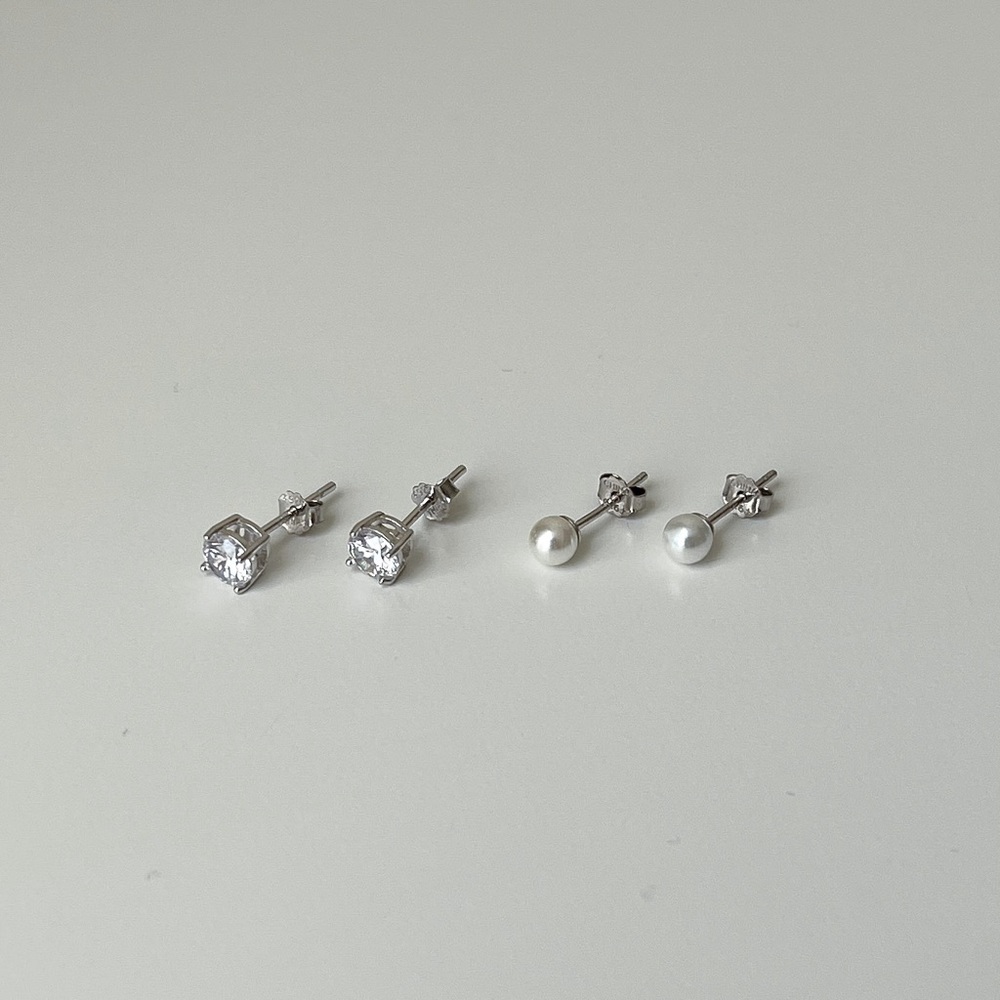 Sterling Silver 925 Stud Earrings CZ + Faux Pearl (2 Pairs) | NWOT